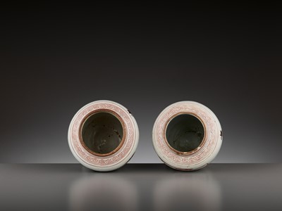 Lot 201 - A PAIR OF IRON-RED AND ENAMEL-DECORATED ‘BOYS’ JARS, TIANQI PERIOD