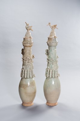 Lot 278 - A LARGE PAIR OF QINGBAI GLAZED BURIAL VASES WITH DAOIST DECORATION