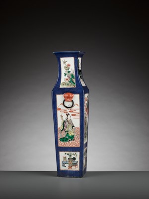 Lot 375 - A POWDER BLUE-GROUND FAMILLE VERTE SQUARE BALUSTER VASE, LATE QING DYNASTY