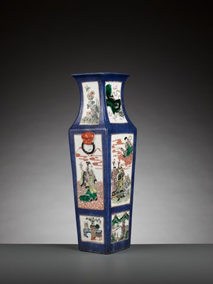 Lot 375 - A POWDER BLUE-GROUND FAMILLE VERTE SQUARE BALUSTER VASE, LATE QING DYNASTY