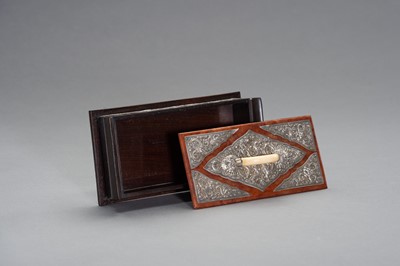 Lot 539 - A ROSEWOOD AND SILVER JEWERLY BOX WITH COVER AN IVORY HANDLE