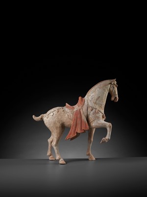 Lot 139 - A LARGE PAINTED POTTERY FIGURE OF A PRANCING HORSE, TANG DYNASTY
