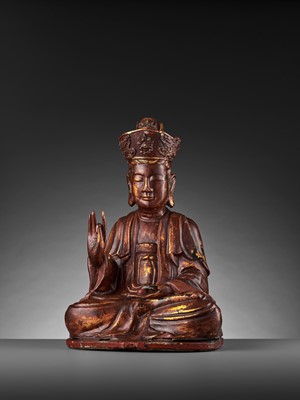 Lot 781 - A RED AND GILT-LACQUERED WOOD STATUE OF A CROWNED BUDDHA