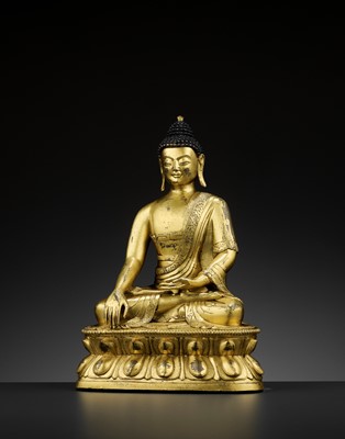 Lot 474 - A GILT BRONZE FIGURE OF BUDDHA SHAKYAMUNI, QING DYNASTY