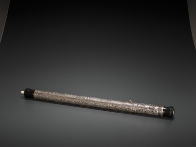 Lot 23 - A HARDWOOD OPIUM PIPE WITH BONE, SILVER AND YIXING CERAMIC FITTINGS, LATE QING TO REPUBLIC