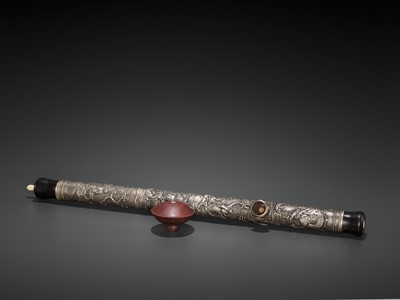 Lot 23 - A HARDWOOD OPIUM PIPE WITH BONE, SILVER AND YIXING CERAMIC FITTINGS, LATE QING TO REPUBLIC