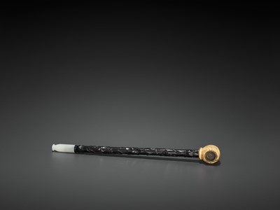 Lot 25 - A HARDWOOD OPIUM PIPE WITH JADEITE, IVORY AND ZITAN FITTINGS, LATE QING TO REPUBLIC