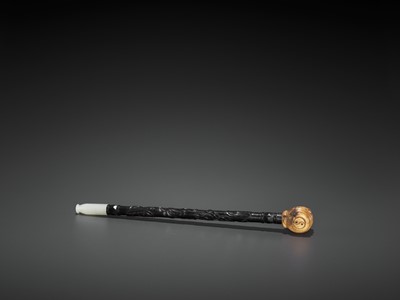 Lot 25 - A HARDWOOD OPIUM PIPE WITH JADEITE, IVORY AND ZITAN FITTINGS, LATE QING TO REPUBLIC