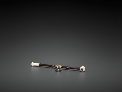Lot 24 - A HARDWOOD OPIUM PIPE WITH IVORY, HARDSTONE AND SILVERED COPPER FITTINGS, LATE QING TO REPUBLIC