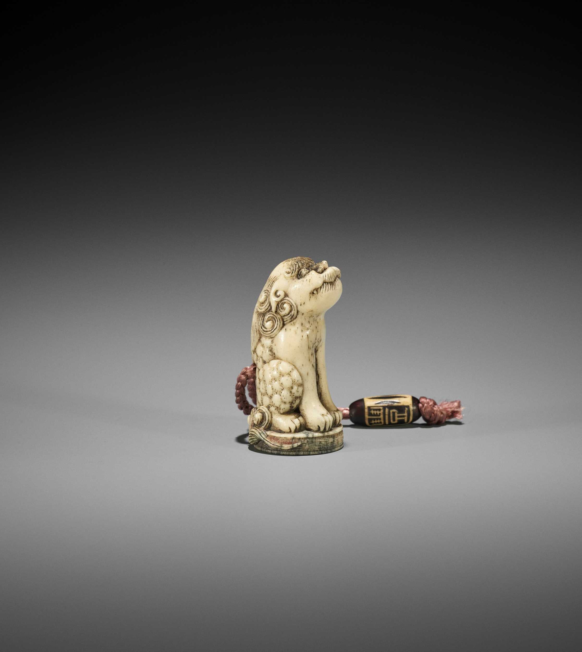 Lot 262 - A STAG ANTLER INGYO NETSUKE OF A SHISHI WITH STAG ANTLER OJIME