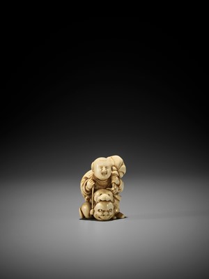 Lot 211 - ICHIYUSAI: AN IVORY NETSUKE OF A BOY WITH DOG AND BESHIMI MASK