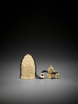 Lot 343 - TOMOCHIKA: A RARE IVORY THREE-CASE INRO IN THE FORM OF A TEMPLE BELL AND DEPICTING BENKEI, WITH IVORY NETSUKE AND OJIME