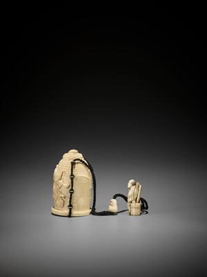 Lot 343 - TOMOCHIKA: A RARE IVORY THREE-CASE INRO IN THE FORM OF A TEMPLE BELL AND DEPICTING BENKEI, WITH IVORY NETSUKE AND OJIME