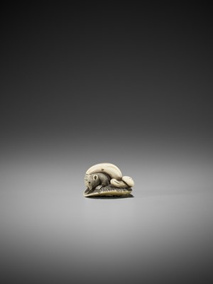 Lot 360 - AN IVORY NETSUKE OF A SQUIRREL AND MUSHROOMS