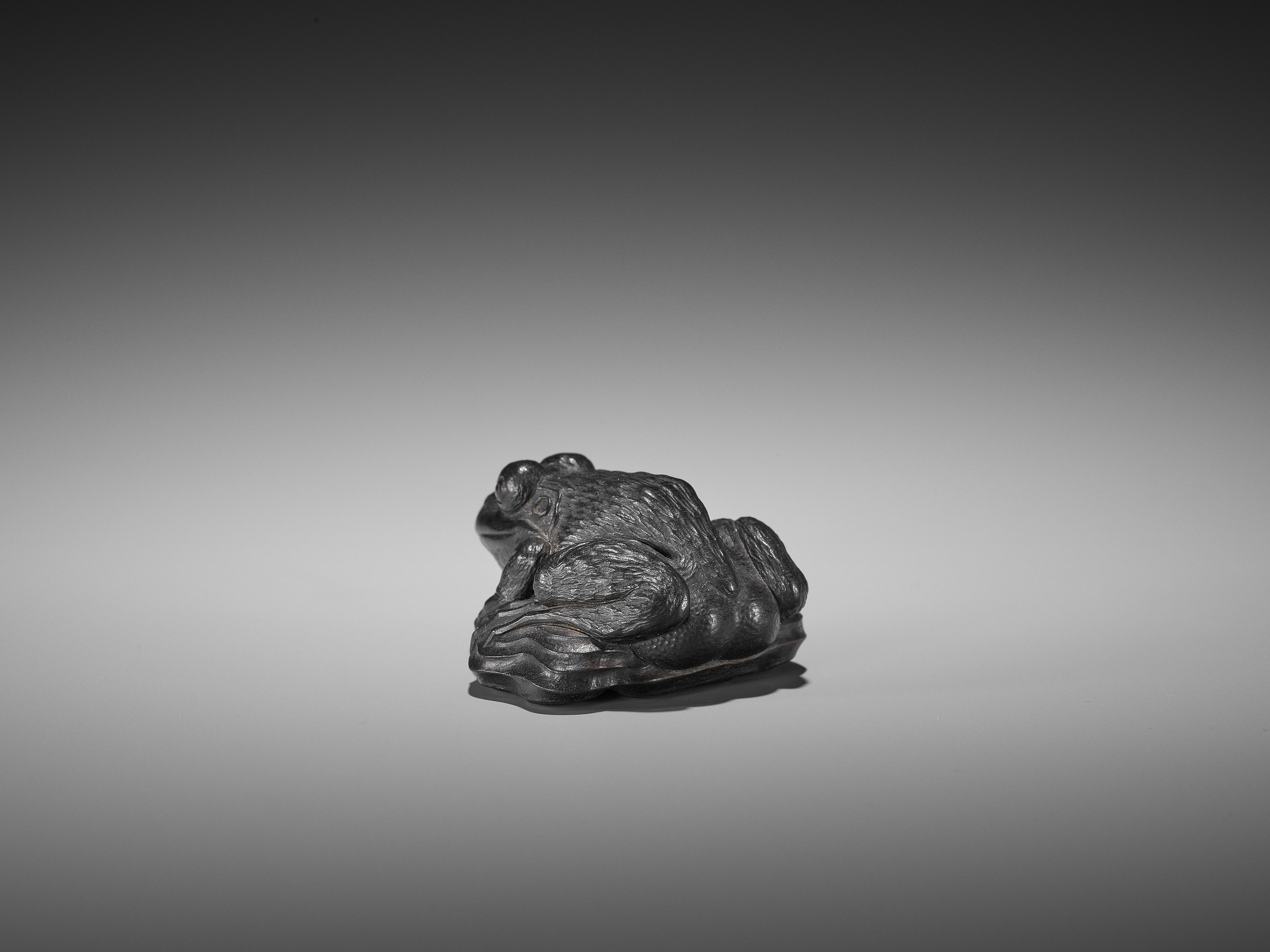 Lot 348 - AN IMPORTANT EBONY WOOD NETSUKE OF A FROG ON