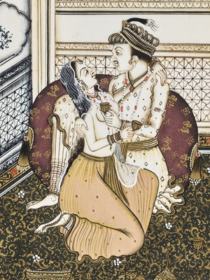 Lot 1221 - AN INDIAN IVORY ‘PALACE LOVERS’ MINIATURE PAINTING, 19TH CENTURY