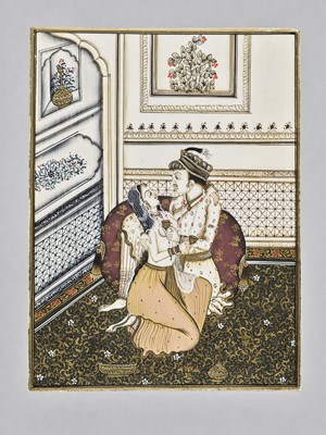 Lot 1221 - AN INDIAN IVORY ‘PALACE LOVERS’ MINIATURE PAINTING, 19TH CENTURY
