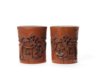 Lot 846 - A PAIR OF BITONG BAMBOO BRUSHPOTS WITH SCHOLARS AND PAVILIONS – QING / REPUBLIC
