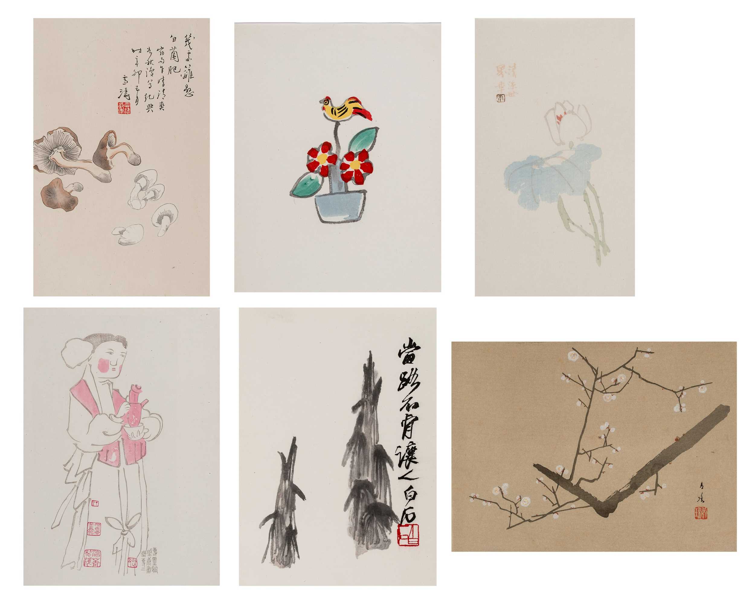 SIX CHINESE COLOR PRINTS, ONE BY QI BAISHI (1864-1957), 1950s