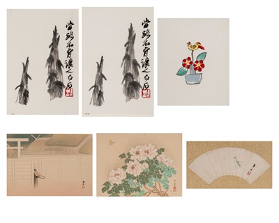 Lot 1027 - A GROUP OF COLOR WOODBLOCK PRINTS, HAND-COLORED PRINT AND MOUNTED FAN-SHAPED DRAWING
