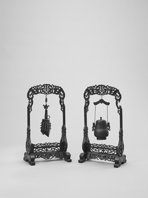 Lot 59 - AN ARCHAISTIC BRONZE TEMPLE BELL AND VESSEL SUSPENDED IN HARDWOOD FRAMES AND STANDS, QING