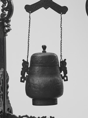 Lot 59 - AN ARCHAISTIC BRONZE TEMPLE BELL AND VESSEL SUSPENDED IN HARDWOOD FRAMES AND STANDS, QING