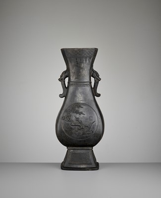 Lot 660 - A LARGE BLACK CERAMIC 'BRONZE IMITATION' ARCHAISTIC VASE, HU, WITH DONOR SEALS