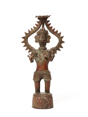 Lot 1241 - A BASTAR BRONZE OF A GODDESS WITH TRIDENT AND PLAQUE
