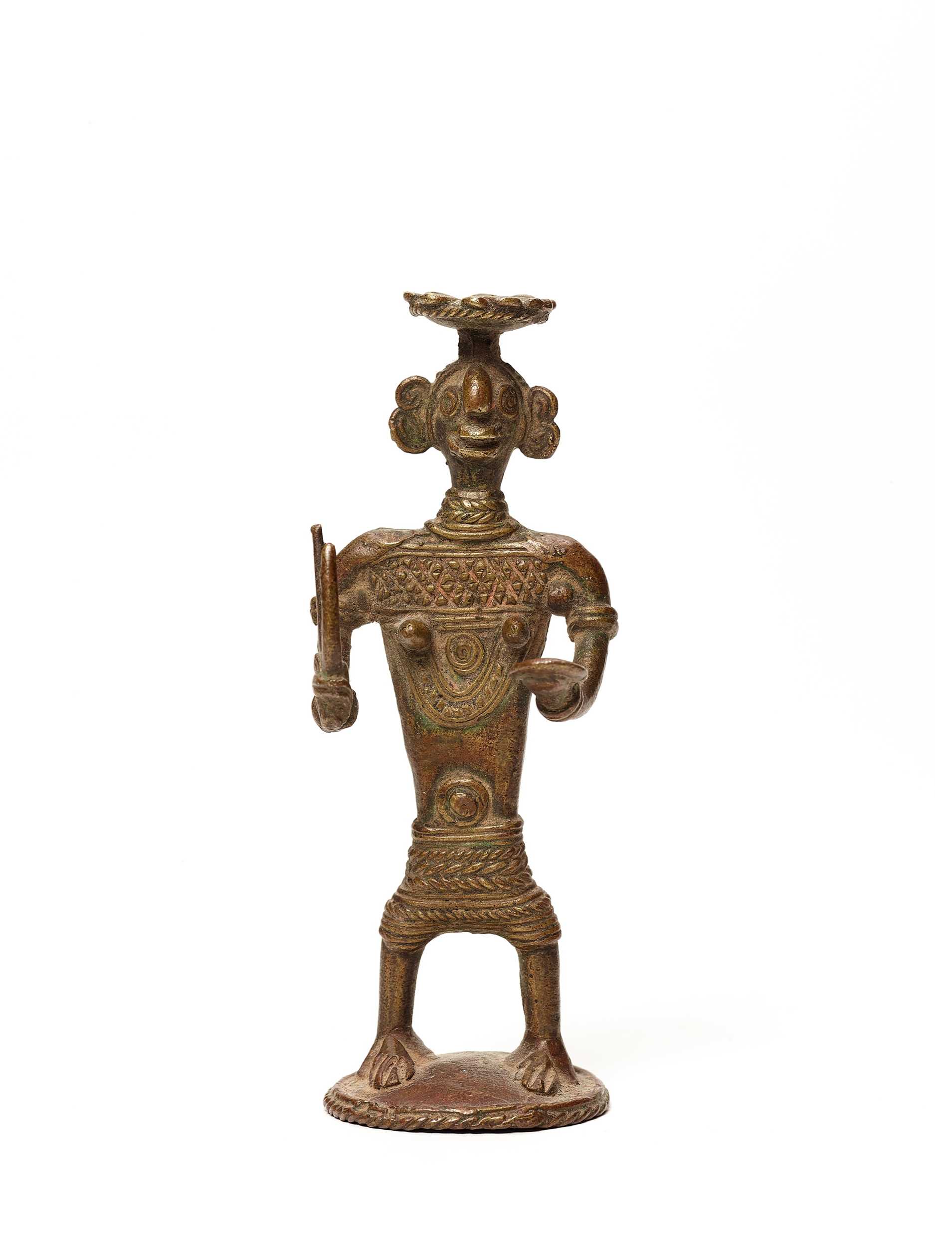 A BASTAR BRONZE OF A FEMALE DEITY WITH TRIDENT AND KHAPPAR