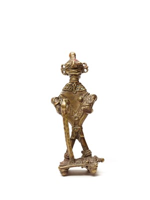 A BASTAR BRONZE OF A FEMALE DEITY WITH A CEREMONIAL STAFF AND BOWL