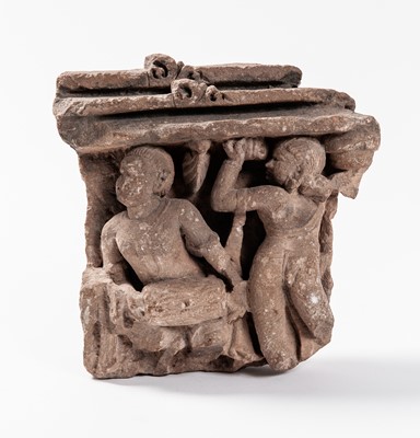 Lot 1210 - A FRAGMENT OF AN INDIAN STELE WITH A DRUMMER AND A DANCER