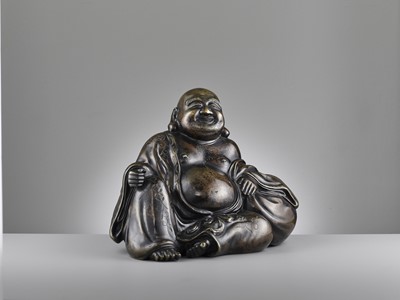Lot 586 - A LARGE AND HEAVILY CAST BRONZE FIGURE OF BUDAI, QING DYNASTY
