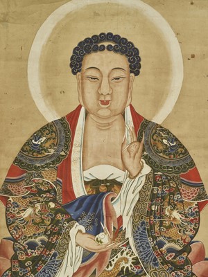 Lot 464 - A PAINTING OF BUDDHA, QING