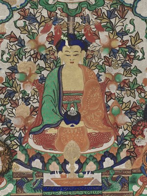 Lot 943 - AN ICONIC THANGKA OF BUDDHA AMITABHA RESIDING IN THE PURELAND OF SUKHAVATI