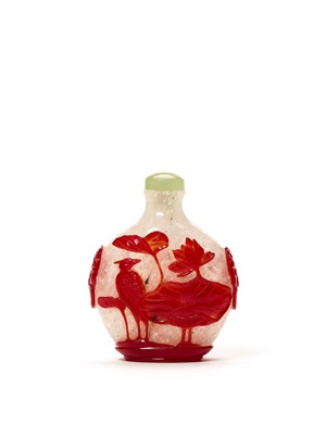 Lot 823 - RED OVERLAY ‘CRICKET’ SNUFF BOTTLE, QING DYNASTY