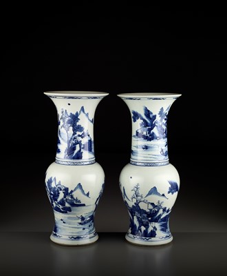 Lot 699 - A PAIR OF BLUE AND WHITE YEN YEN VASES, LATE QING OR REPUBLIC