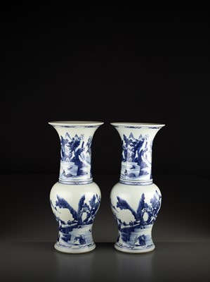 Lot 699 - A PAIR OF BLUE AND WHITE YEN YEN VASES, LATE QING OR REPUBLIC