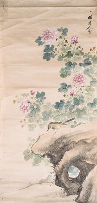 Lot 1025 - A CHINESE ‘BIRD AND PEONIES’ PAINTING, LATE QING DYNASTY
