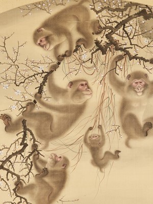 Lot 265 - MORI SOSEN: A LARGE AND IMPRESSIVE SCROLL PAINTING OF MONKEYS BY A WATERFALL