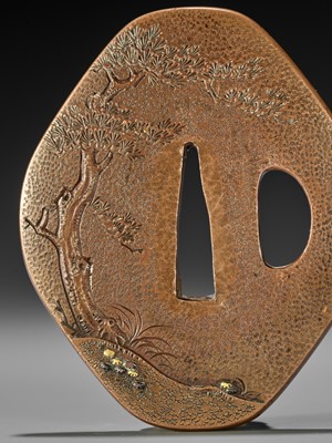 Lot 29 - MASAYOSHI: A FINE COPPER TSUBA WITH SPARROWS AND THATCHED HUT