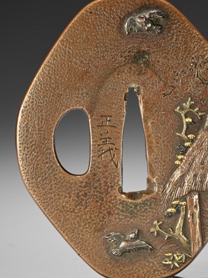 Lot 29 - MASAYOSHI: A FINE COPPER TSUBA WITH SPARROWS AND THATCHED HUT