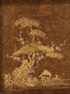 Lot 103 - A FINE LACQUER SUZURIBAKO WITH A COCKEREL, HEN AND SHOCHIKUBAI