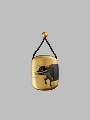 Lot 341 - SHIOMI MASANARI: A CHARMING SMALL TWO-CASE GOLD LACQUER INRO WITH A HERDBOY AND OX