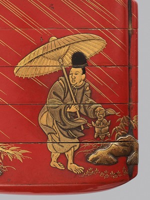 Lot 332 - JOKASAI: A FOUR-CASE LACQUER INRO WITH TEMPLE SERVANT