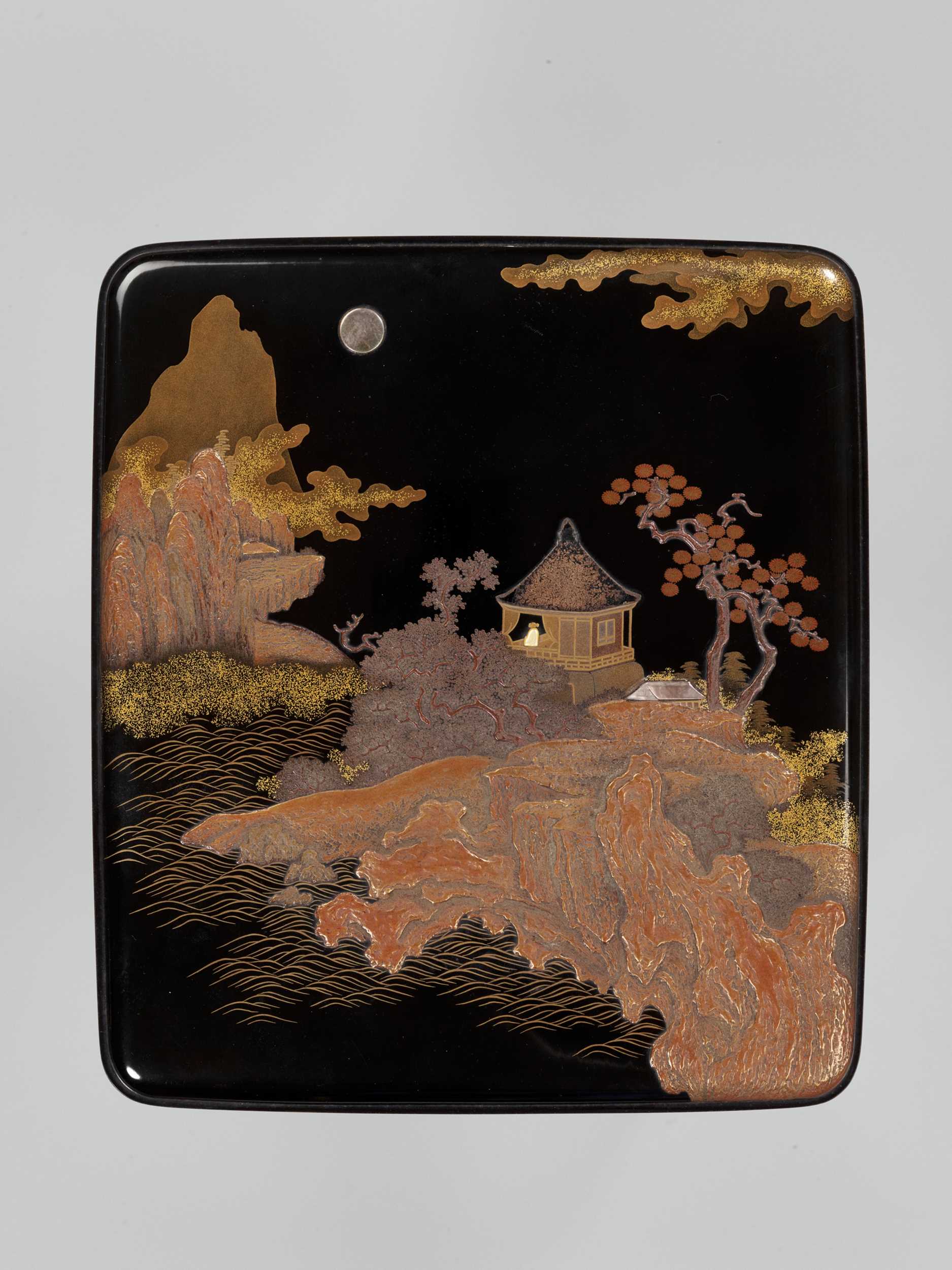 Lot 97 - A SUPERB SILVER-MOUNTED INLAID LACQUER SUZURIBAKO WITH A LANDSCAPE