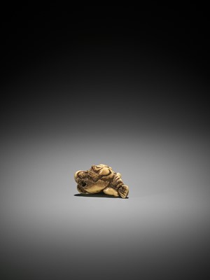 Lot 420 - A STAG ANTLER NETSUKE OF HOTEI