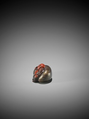 Lot 316 - A CHARMING LACQUERED WOOD NETSUKE OF HOTEI LEANING ON HIS BAG