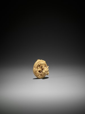 Lot 194 - A POWERFUL IVORY NETSUKE OF A COILED ONE-HORNED DRAGON