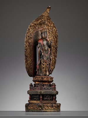 Lot 696 - A POLYCHROME ENAMELED BRONZE FIGURE OF KANNON BOSATSU, LATE EDO PERIOD