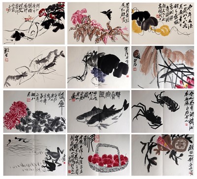 Lot 1087 - AN ALBUM WITH 12 WOODBLOCK PRINTS BY QI BAISHI (1864-1957)